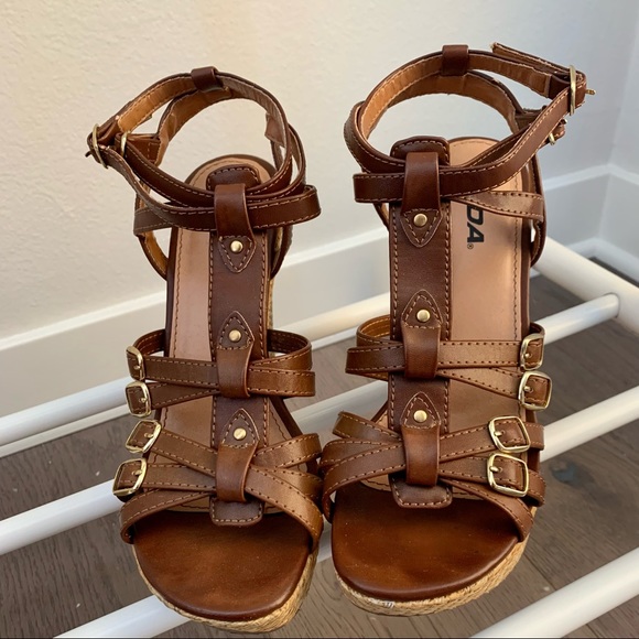 SODA Brown Leather Wedge Heels / Summer Wedge Heels / Wedge Sandals Heels - Picture 1 of 6